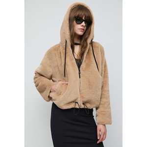 เสื้อโค้ทขนนุ่มมีฮู้ดสีเบจ - Product Image 1