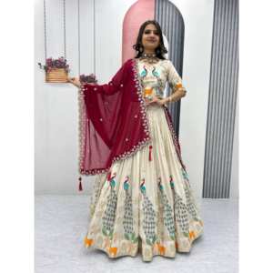 เสื้อเบลาส์ผ้าพิมพ์ลายนกยูงสีแดงผ้าแคนวาสแบบผูกเชือกผ้าหนามีเชือกผูกสามารถทำจากผ้าฝ้าย georgette dupatta - Product Image 1