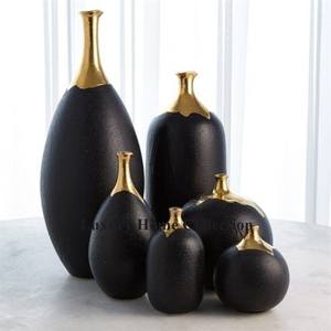 Modern Luxurious Look Metal <b>Flower</b> <b>Vase</b> <b>Black</b> Color Powder Coated and Gold Color Neck Set of 7 <b>Flower</b> Pot and <b>Vase</b> for Tabletop - Product Image 1