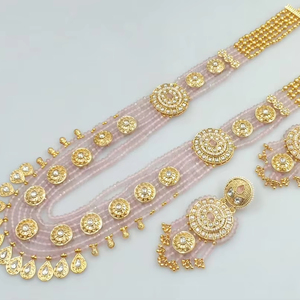 Collar largo de perla Kundan y Motipearl tradicional de lujo indio largo Mala tono dorado Kundan con conjunto de pendientes a juego para mujeres y niñas - Product Image 1