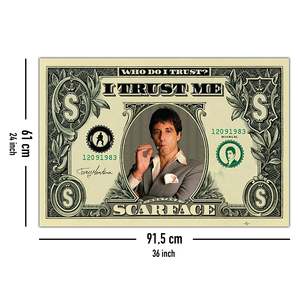 Arte de pared moderno en lienzo de Scarface Dollarschein para la frase 'Who Do I Trust?' Diseño con Marco Negro - Product Image 4