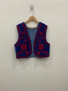 Chaleco Floral Bordado en Terciopelo Azul, Cuello en V, Frente Abierto, Talla Grande, Estilo Prairie Chic para Mujer, Ropa de Primavera - Product Image 2