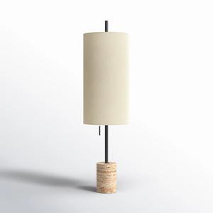 Lampe de table en pierre de travertin de luxe avec abat-jour en tissu de lin plissé, design vertical élégant, lumière douce, décoration d'intérieur moderne - Product Image 1