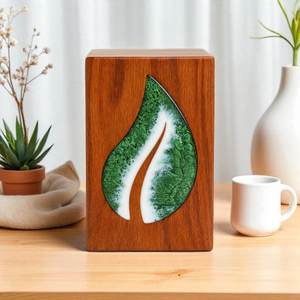 Urna de cremación de madera hecha a mano con diseño de gota de lágrima verde y blanca, caja conmemorativa única con incrustaciones de resina para cenizas - Product Image 6