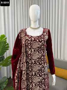 Most Beautiful Viscos Velvet Material with Chinestich Work Salwar Kameez Suit and chinestich Work with Rivet Moti Work Dupatta - Product Image 3