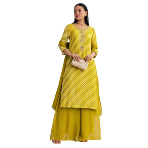 Mustard Leheriya Kurta Palazzo Suit With Cutdana And <b>Sequins</b> Work Wholesale Women Ethnic OEM Clothing Factory Bulk Supplier - Product Image 3