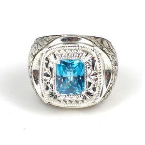 925 Sterling <b>Silver</b> Men's <b>Ring</b> Rectangular Aquamarine Stone Hand-Engraved Everyday Wear Featuring <b>Emerald</b> Oval Certified IGI - Product Image 4