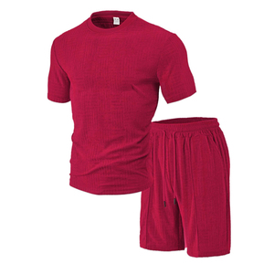 Vente en gros de t-shirt à rayures 100% coton 250 g/m² personnalisé ensemble short et t-shirt ample surdimensionné grande taille vêtements d'été décontractés pour hommes - Product Image 3