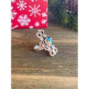 Handmade Navajo <b>Boho</b> Dainty <b>Ring</b> Mohave Turquoise & Sterling <b>Silver</b> Ethnic Gemstone Jewelry Size 7 Perfect Gift - Product Image 3