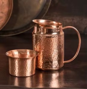 Hot Selling <b>Copper</b> Made Hammered Design Water Jug with 5 <b>Glass</b> Set Polish Plated <b>Copper</b> Water Tumbler and Jug Set - Product Image 2
