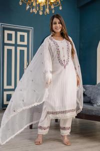 Celana lurus wanita, celana lurus Kurta renda rumbai kancing <span class=keywords><strong>Beed</strong></span> bordir & Ghera kasual dengan Dupatta - Product Image 3