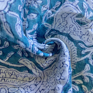 ผ้าฝ้ายพิมพ์ลายด้วยมือ ลายคลาสสิก (บุตะ) สีฟ้าอมเขียว - Product Image 2