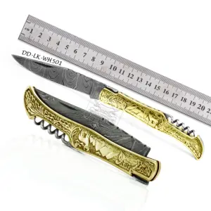 Cuchillo de bolsillo Laguiole de acero damasco, venta al por mayor, hoja de acero inoxidable D2 grabada al por mayor, mango de cobre y latón, cuero de vaca - Product Image 1