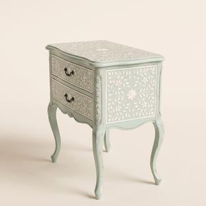 handcrafted Light <b>Green</b> Bone Inlay Nightstand 2 Drawer Floral <b>Bedside</b> <b>Table</b> Handmade Luxury Living Room Furniture - Product Image 4