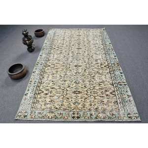 Tapis turc vintage 4'9 "X 8 'beige bleu patchwork laine fait à la main style boho tapis de chevet Latex support couloir rectangulaire - Product Image 1