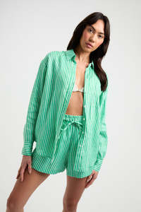 Ensemble de week-end en lin et coton biologique, short à rayures vertes et blanches, bas imprimé, cordon de serrage sécurisé, taille élastiquée - Product Image 4