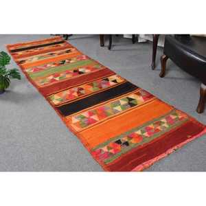 Vintage Turkish Rug, 2.7x9.5 ft <b>Runner</b> Rug, Orange <b>Green</b> Floral Wool Rug - Product Image 1
