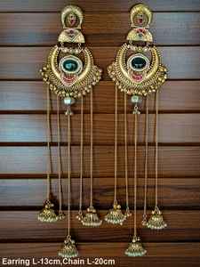 Pendientes largos Chandbali de doble acabado real de alta calidad tradicional con detalle de cadena Triple Jhumki cadena india Jhumki para mujer - Product Image 5