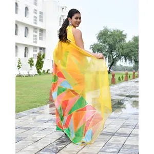 Sari jaune réversible fait main en organza, long jusqu'au sol, peint à la main, léger, pour les occasions festives et les mariages, pour femmes - Product Image 3