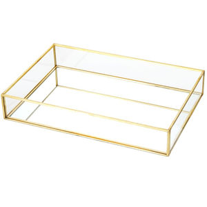 Premium <b>Rectangular</b> Gold Glass <b>Mirror</b> <b>Tray</b> Vintage Metal Brass Decorative <b>Tray</b> Makeup Organizer Jewelry Display For Home Decor - Product Image 1