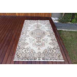 พรมตุรกี, พรมวินเทจขนาด 3.8x6.8 ฟุต, พรมขนสัตว์โมร็อกโกสีขาวน้ำตาล - Product Image 1
