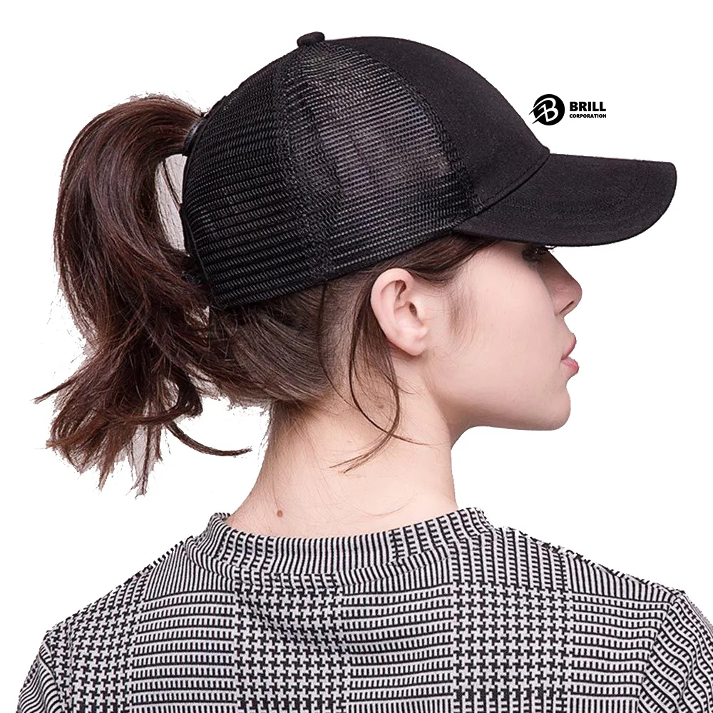 2023 Custom logo ponytail cap pony tail cross baseball hat washed mesh trucker pony hat caps for woman