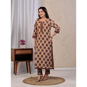 Butta <b>Block</b> <b>Printed</b> Cotton Kurta Pant Set Mulmul Dupatta Beige Black Ethnic Wear for Parties Daily Use Indian Made Viscose Net - Product Image 5