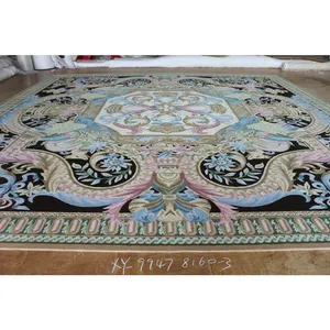 Karpet wol berumbai tangan Tiongkok karpet seri Aubusson savisonnerie hitam biru