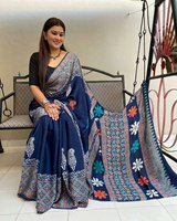 Hermoso Sari de Seda Georgette con Estampado Digital Ajrakh, Adorno de Piel Sintética y Pallu Rico, Ropa India para Uso Diario, Oficina, Fiestas y Eventos Especiales