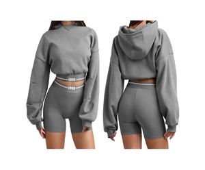 Vente en gros de short et sweat à capuche deux pièces avec logo personnalisé, ensemble short 2 pièces délavé à l'acide, ensemble de jogging 2 pièces pour femmes - Product Image 1