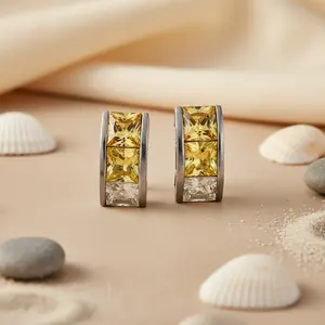 ต่างหูห่วงทองเหลืองและทองแดงวินเทจ ประดับพลอยสีเหลืองและเพชรคิวบิกเซอร์โคเนีย สำหรับงานปาร์ตี้สุดอินเทรนด์ของผู้หญิง - Product Image 2