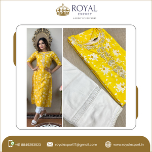 Ropa Étnica india de algodón con estampado de rayón puro, trabajo bordado y trabajo de perlas hermosas, colección de pantalones Kurti con cuello - Product Image 3