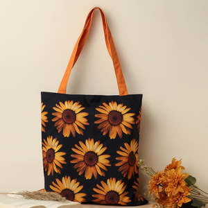 Bolsas de Mano Personalizables de Lona de Algodón con Cierre y Diseño de Girasol para Damas, Ligeras, Reutilizables, Plegables, con Impresión Digital Completa - Product Image 1
