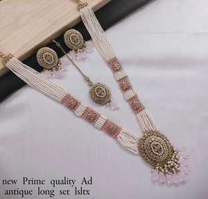 Forma ovalada hermoso Kundan & Pearl Work collar largo colgante chapado en oro cobre boda joyería con Mangtika y pendiente mujeres - Product Image 1