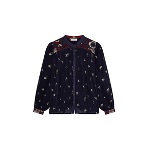 MILLA Women's <b>BLOUSE</b>-Navy Chic Korean Style Embroidered Plaid Pattern Sequined Lace S/M/L Conventional Sleeve <b>Satin</b> Chiffon Silk - Product Image 5