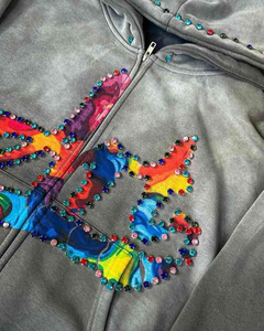 Sudadera con capucha de diamantes de imitación Sun Faded 100% algodón Full Zip up Acid Wash Sudadera con capucha Cremallera Serigrafía Sudadera con capucha 500gsm French Terry - Product Image 4