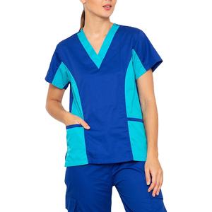 Conjunto de Uniformes Médicos Personalizados en Azul Rey y Verde Azulado para Mujer, Top con Cuello en V y Pantalones con Paneles en Contraste, Uniforme de Enfermera Elástico y Cómodo, Venta al Por Mayor - Product Image 5
