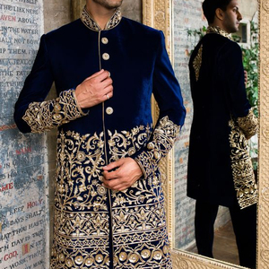 Nouvelle broderie or ZARDOZI sur beau SHERWANI bleu marine et également chaussure assortie avec robe pour tenue de soirée/mariage @ 2023 - Product Image 1