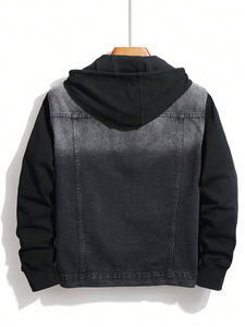 <b>Black</b> Denim Men's Stand Collar Acid Wash Vintage Hooded Windproof <b>Jacket</b> with Full Customization - Product Image 2