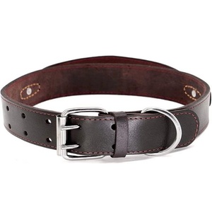 Collar de cuero pesado para perro, Material de calidad, bien construido, cosido fuerte, con mango y hebilla de doble pin chapada en níquel sólido - Product Image 1