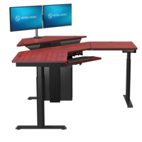 Bureau d'angle électrique convertible moderne VersaDesk, finition cerisier, revêtement poudré, hauteur réglable, bois/métal, pour bureau/salon