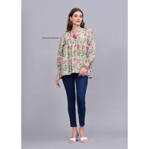 Robe courte d'été en coton indien faite à la main pour femmes imprimé floral asymétrique décontracté dentelle décoration naturel écologique - Product Image 4