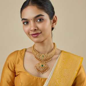 Silver Temple Cultural Collectible Women's Wedding Green Stone Haaram Necklace Gold Polish Bezel Set 86g 181840 - Product Image 1