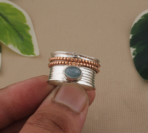 Handcrafted Vintage Wedding Spinner Ring Copper <b>Beads</b> Blue Stone Mixed Metal <b>Meditation</b> Adjustable Sterling Silver Boho Ring for - Product Image 1