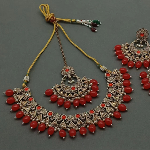 Nouveau design plaqué or traditionnel goutte perle et pierre cloutée boucle d'oreille Mangtika collier ras du cou ensemble et ensemble de bijoux pour femmes - Product Image 1