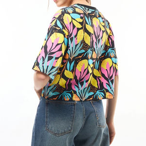 La mejor Camiseta corta de verano para mujer, 100% de algodón, holgada, informal, con cuello redondo, transpirable, Top corto estampado, venta al por mayor, Camiseta corta para mujer - Product Image 2