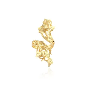 Beautiful designer big ring solid plain gold jewelry dragonfly vine leaf front open ring gold plated filigree women insect ring