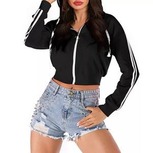 Vente en gros de LOGO personnalisé de haute qualité pour femmes vierge avec fermeture éclair complète et cordon de serrage sweat à capuche à manches longues en polaire douce à rayures - Product Image 5