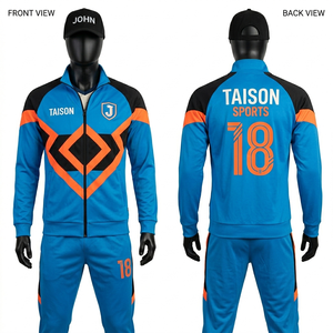 Ensemble de survêtement de football pour homme, 225 GSM, polaire polyester haute qualité, bleu, noir, orange, motif à panneaux contrastants, logo personnalisé par transfert thermique. - Product Image 1