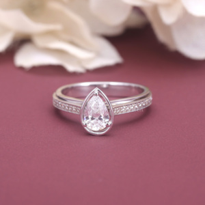 IGI Certified Pear Cut Lab Grown Diamond Bezel Set Engagement <b>Ring</b> 18K White / Rose & Yellow Gold Pave Shank Solitaire <b>Ring</b> - Product Image 1